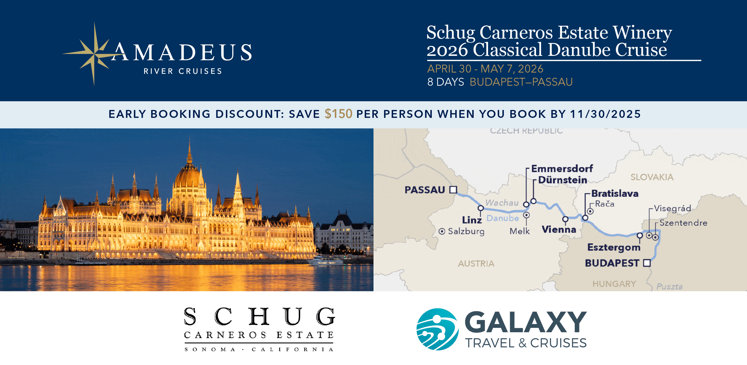 Join Schug Winery on a cruise up the Danube River.