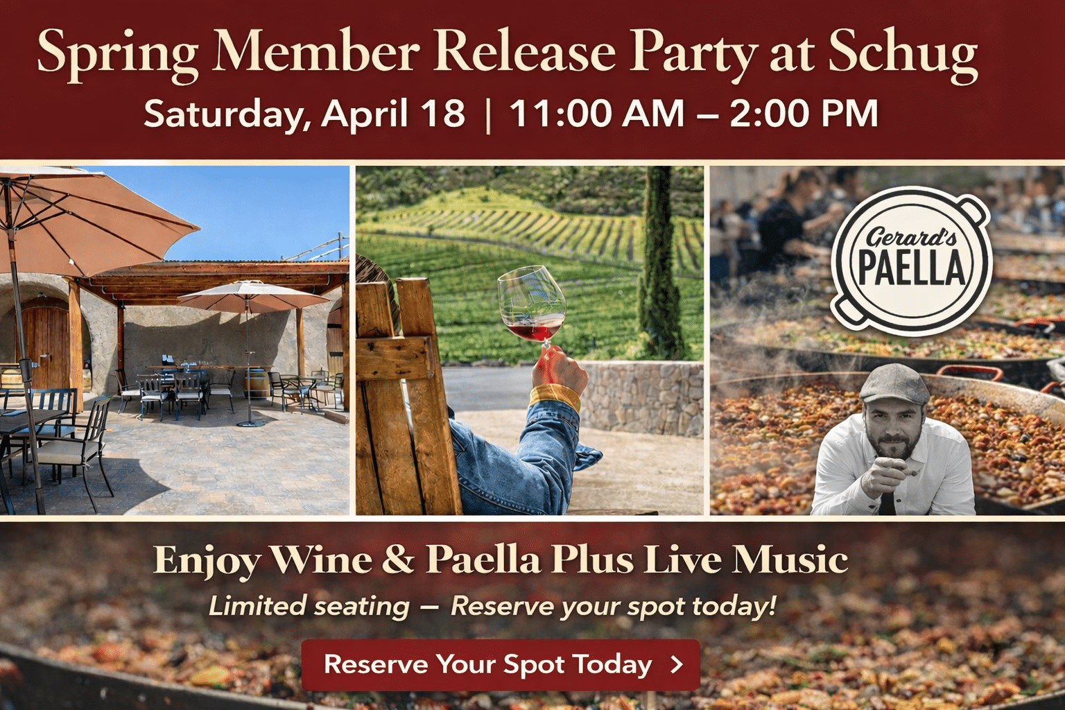 Join Schug Winery for the Spring Member Release Party at Schug<br /> Saturday, April 18 | 11:00 AM – 2:00 PM<br />
TICKETS ON SALE NOW<br />
Spring Member Release Party at Schug</p>
<p>Saturday, April 18 | 11:00 AM – 2:00 PM
